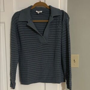 V-Neck Open-Knit Sweater - Blue/Grey/Charcoal